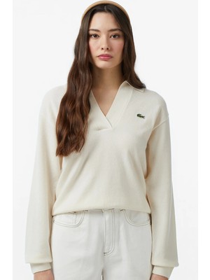 Lacoste Women's Classic Fit Polo Collar Cream Sweater Kadın Polo Yaka Clasic Fit Yün Kaşmir Kazak Krem