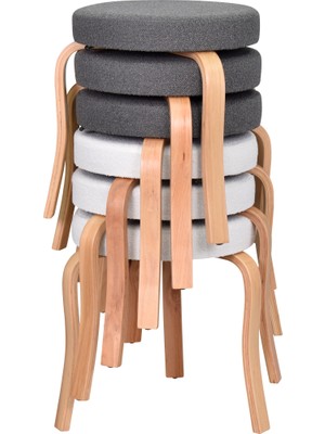 Vilinze Ege Teddy Kumaş Naturel Ahşap Ayak Istiflenebilir Mutfak-Balkon Taburesi (6 Adet)