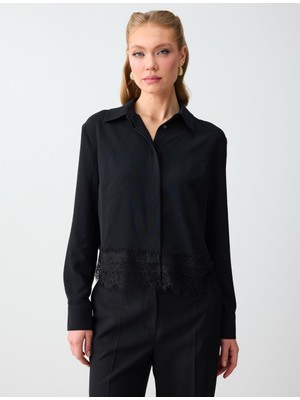 Jimmy Key Siyah Uzun Kollu Dantel Detaylı Kısa Dokuma Gömlek