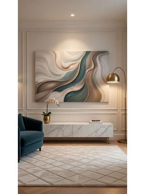 Safir Design Büyük Boy Soyut Dalga Tasarımlı Kanvas Antrasit ve Altın Işıltılı Estetik Tablo