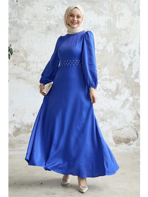 inStyle Taş Kuşaklı Simli Saks Mavisi Saten Elbise