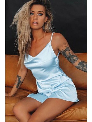 Merry See Mavi Kadın Kısa Gecelik Yırtmaçlı Saten Kumaş XL Konforlu Kullanım