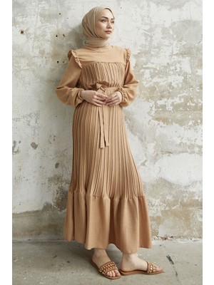 inStyle Omuzu Fırfır Piliseli Keten Camel Elbise