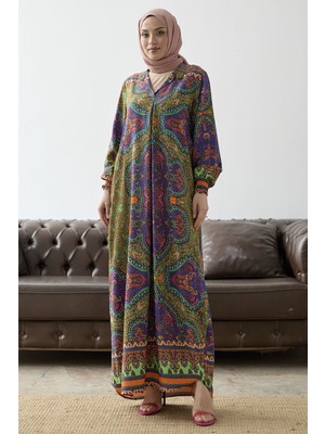 inStyle Hakim Yaka Etnik Desen Oranj Viskon Elbise