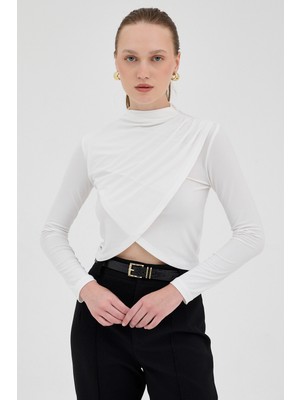 Ekru Drapeli Yüksek Yaka Uzun Kollu Bluz 2379