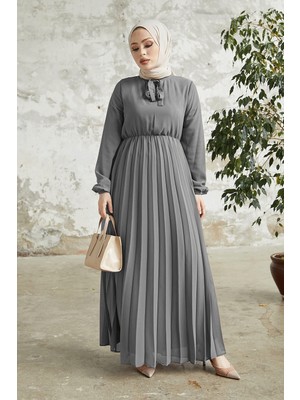 inStyle Piliseli Limelda Antrasit Şifon Elbise
