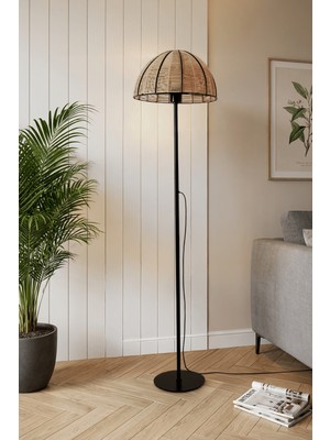 Marrien Linea Siyah Metal Ayaklı Doğal İp Başlıklı Lambader - 35cm Geniş Başlık Bohem Salon Lambası