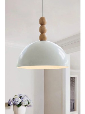 Marrien Luna Bohem Ahşap 3 Boncuklu Beyaz Metal Sarkıt (30 cm) Yemek Masası Üstü Avize Salon Aydınlatma