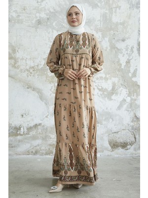 inStyle Yakası Bağlamalı Desenli Bej Viskon Elbise