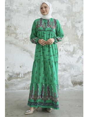 inStyle Yakası Bağlamalı Desenli Yeşil Viskon Elbise