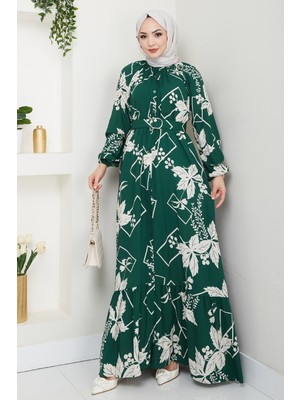 inStyle Çiçek ve Şekil Desenli Haki Viskon Elbise