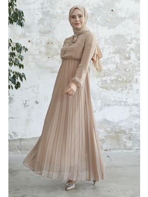 inStyle Piliseli Limelda Sütlü Kahve Şifon Elbise