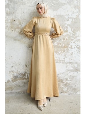 inStyle Taş Kuşaklı Simli Sarı Saten Elbise