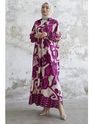 inStyle Gömlek Yaka Desenli Viskon Fuşya Elbise