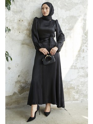 inStyle Kuşaklı Balon Kol Siyah Saten Elbise