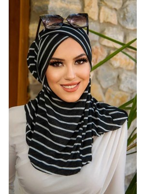 Aişe Tesettür Siyah Çizgi Desenli Çapraz Bantı Medium Size - Hazır Şal