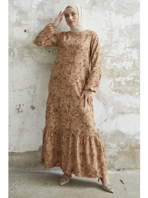 inStyle Lilyum Desenli Kahverengi Gofre Elbise