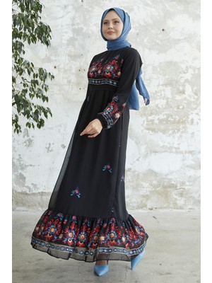 inStyle Nakışlı Eteği Fırfır Siyah Şifon Elbise