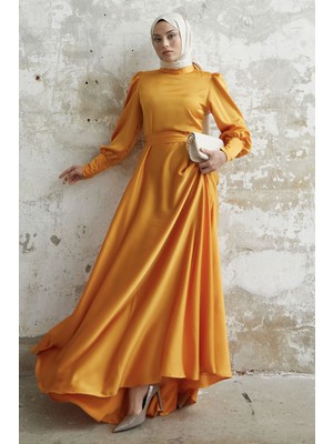 inStyle Kol Ucu Fermuarlı Sarı Saten Elbise
