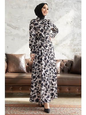 inStyle Perla Desenli Beli Kuşaklı Saten Elbise - Bej