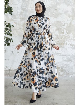 inStyle Çiçekli Boydan Düğmeli Siyah Saten Elbise