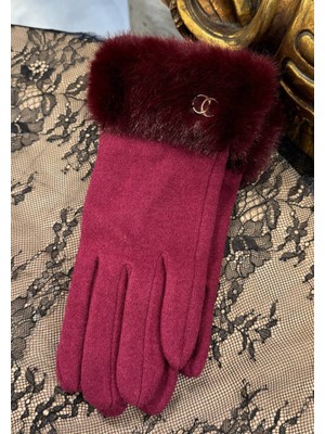 Stoli Bileği Kürklü Dokunmatik Eldiven Bordo