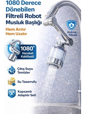 Optana Su Tasarruflu Oynar Uzun Başlıklı Musluk Ucu Filtreli 1080° Dönebilen Musluk Başlığı Paslanmaz Krom Görünümlü Su Ucu
