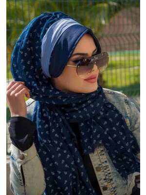 Aişe Tesettür Lacivert Bantlı Dantelli Şapka Şal