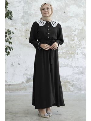 inStyle Bebe Yaka Beli Kuşaklı Siyah Elbise