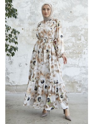 inStyle Çiçekli Boydan Düğmeli Kahve Saten Elbise