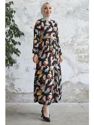 inStyle Nerissa Yaprak Desen Siyah Elbise