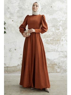 inStyle Kol Ucu Fermuarlı Taba Saten Elbise