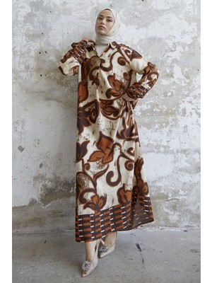 inStyle Gömlek Yaka Desenli Viskon Kahve Elbise