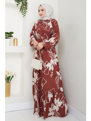 inStyle Çiçek ve Şekil Desenli Kiremit Viskon Elbise