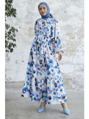 inStyle Çiçekli Boydan Düğmeli Indigo Saten Elbise