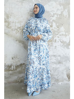 inStyle Eteği Fırfır Desenli Mavi Saten Elbise