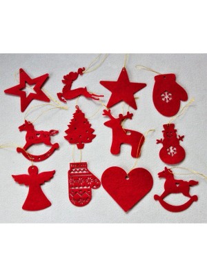 Mini Tasarım Atölyem 12'li Kırmızı Keçe Yılbaşı Ağacı Süsü Noel Figürleri ile Ev Dekoru