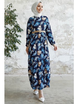 inStyle Nerissa Yaprak Desen Indigo Elbise