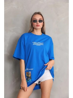 Aesco Unisex Bisiklet Yaka Baskılı Oversize T-Shirt - Mavi