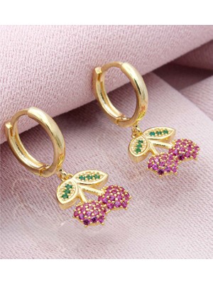 Else Silver Gümüş Zirkon Taşlı Kiraz Çocuk Küpesi 925 Ayar Gümüş Renkli Çiçek Temalı