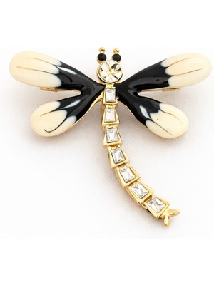 Herşey Nota Siyah Beyaz Yusufçuk Figürlü Taşlı Metal Broş – Gold Ton Zarif Tasarım