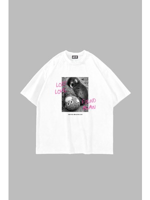 Sekizbiraltı Love Lost Baskılı Oversize Unisex Beyaz Tshirt