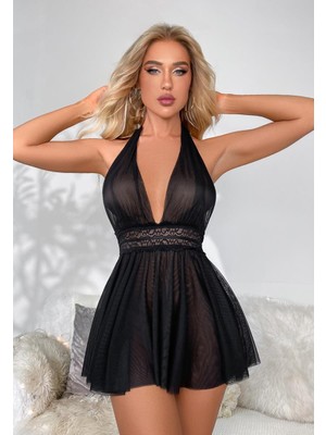 Beleng Sırt Dekolteli Boyundan Bağlı Siyah Fantezi Gecelik