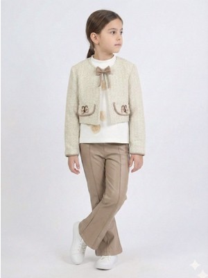 Lanova Kids Kız Çocuk Tüvit Ceket ve Deri Pantolon 3lü Takım 4-14 Yaş 4409