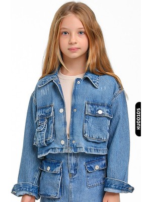 Escabel Ceket Yakalı Fleto Cepli Çıt Çıt Kaplamalı Kız Çocuk Gömlek 5-14 Yaş 24205