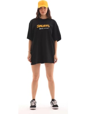 Aesco Unisex Bisiklet Yaka Baskılı Oversize T-Shirt - Siyah