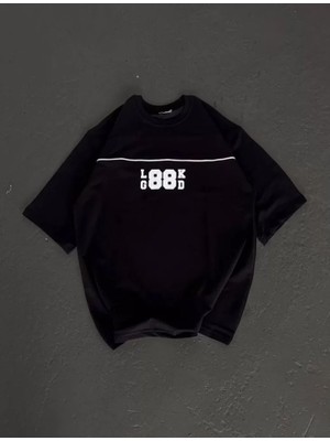 Aesco Unisex Bisiklet Yaka Baskılı Oversize T-Shirt - Siyah