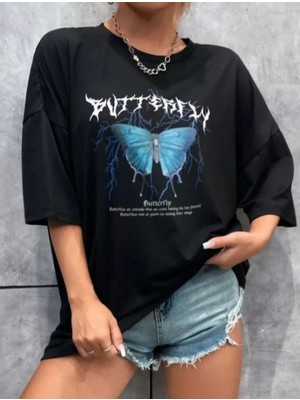 Aesco Unisex Baskılı Oversize T-Shirt - Siyah