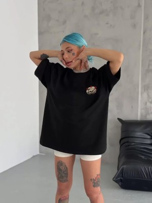 Aesco Unisex Bisiklet Yaka Baskılı Oversize T-Shirt - Siyah