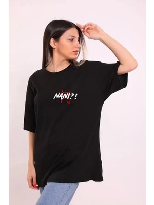 Aesco Unisex Bisiklet Yaka Baskılı Oversize T-Shirt - Siyah